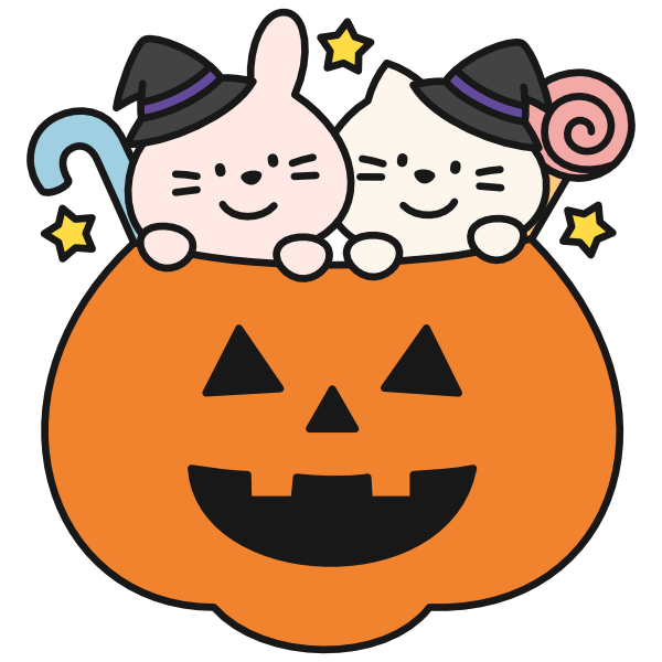 ハロウィンを楽しむうさぎとねこ（カラー）